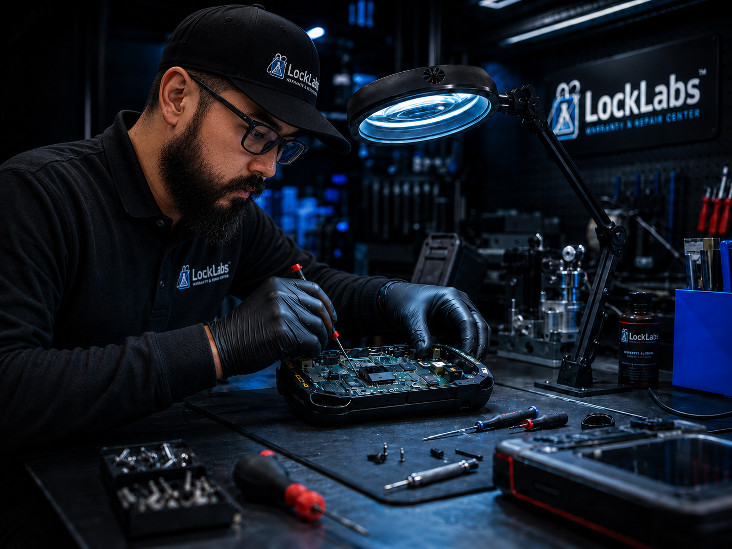 Stylized concept scene: a technician servicing key-programmer equipment at an illuminated workshop bench